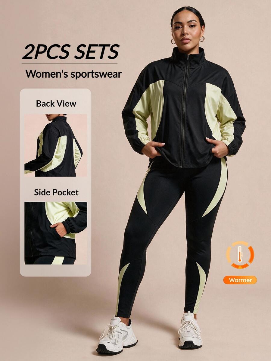 SHEIN Rhythm Era طقم رياضي كاجوال يومي للنساء بمقاسات كبيرة، ملابس علوية بأكمام طويلة وبنطال بتصميم ألوان متباينة - الأسود - مشاهدة 1