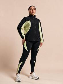 SHEIN Rhythm Era طقم رياضي كاجوال يومي للنساء بمقاسات كبيرة، ملابس علوية بأكمام طويلة وبنطال بتصميم ألوان متباينة - الأسود - مشاهدة 4