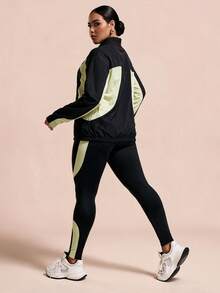SHEIN Rhythm Era طقم رياضي كاجوال يومي للنساء بمقاسات كبيرة، ملابس علوية بأكمام طويلة وبنطال بتصميم ألوان متباينة - الأسود - مشاهدة 2