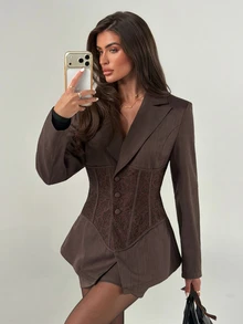 Aloruh Women's Autumn/Winter Deep V-Neck Lace Patchwork Boning Decor Blazer + Skirt Set, New Arrival - Brown - View 5