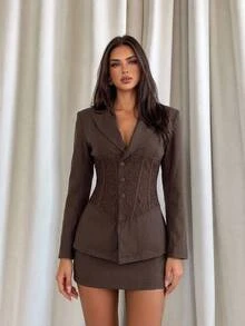 Aloruh Women's Autumn/Winter Deep V-Neck Lace Patchwork Boning Decor Blazer + Skirt Set, New Arrival - Brown - View 2