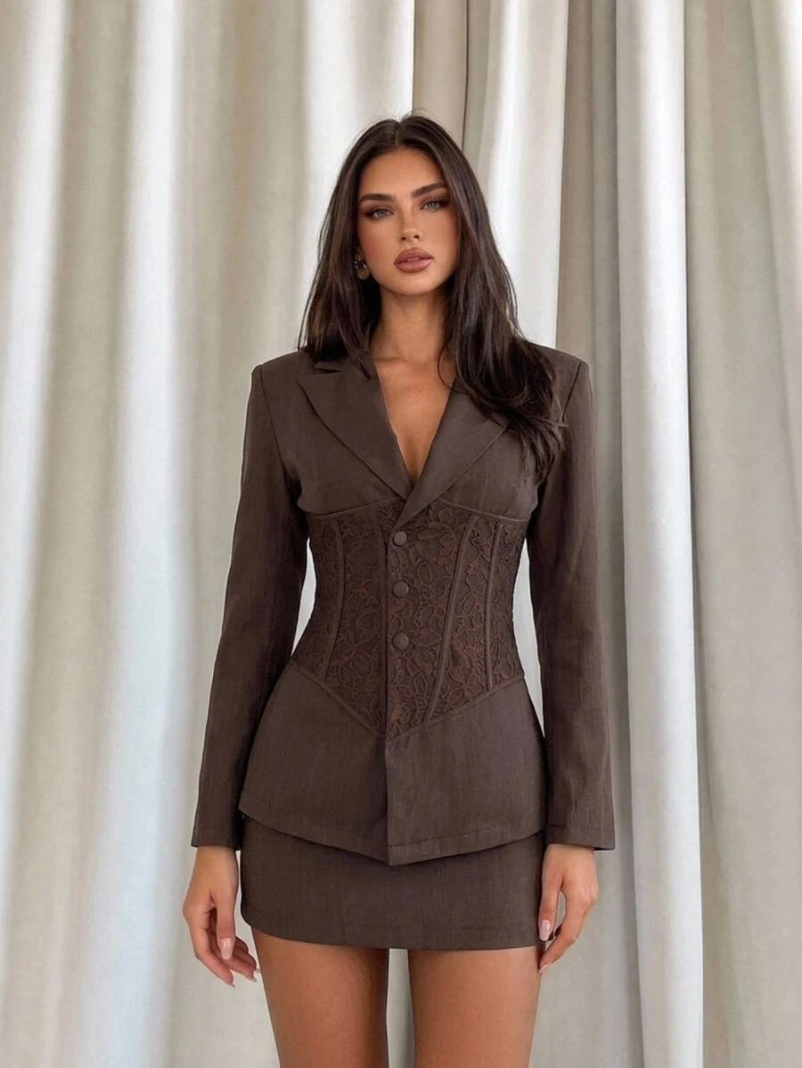 Aloruh Women's Autumn/Winter Deep V-Neck Lace Patchwork Boning Decor Blazer + Skirt Set, New Arrival