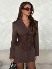 Aloruh Women's Autumn/Winter Deep V-Neck Lace Patchwork Boning Decor Blazer + Skirt Set, New Arrival - Brown - View 6