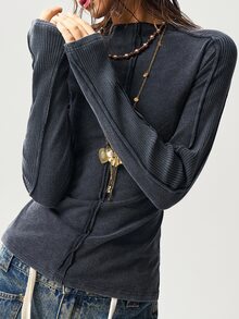 Bohemela Women's Casual Solid Color Washed Knit Long Sleeve T-Shirt - Black - View 3