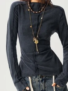 Bohemela Women's Casual Solid Color Washed Knit Long Sleeve T-Shirt - Black - View 7