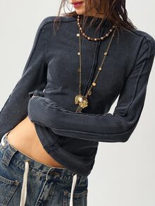 Bohemela Women's Casual Solid Color Washed Knit Long Sleeve T-Shirt - Black - View 4