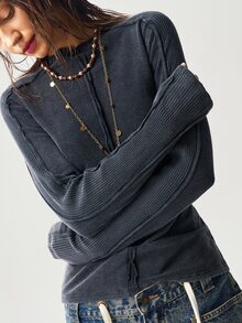 Bohemela Women's Casual Solid Color Washed Knit Long Sleeve T-Shirt - Black - View 6