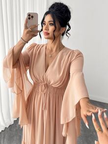 Elenzga Gaun Panjang Ukuran Besar Warna Polos Bahan Chiffon Leher V Dalam Lengan Asimetris Lipit Ikat Pinggang Gaya Wanita Elegan Rok Lebar Hem Bergelombang - Khaki - View 7
