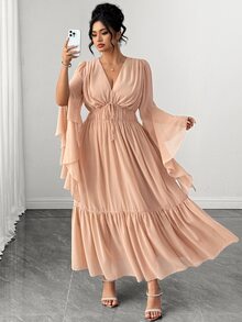 Elenzga Gaun Panjang Ukuran Besar Warna Polos Bahan Chiffon Leher V Dalam Lengan Asimetris Lipit Ikat Pinggang Gaya Wanita Elegan Rok Lebar Hem Bergelombang - Khaki - View 5