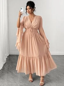 Elenzga Gaun Panjang Ukuran Besar Warna Polos Bahan Chiffon Leher V Dalam Lengan Asimetris Lipit Ikat Pinggang Gaya Wanita Elegan Rok Lebar Hem Bergelombang - Khaki - View 3
