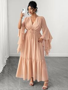 Elenzga Gaun Panjang Ukuran Besar Warna Polos Bahan Chiffon Leher V Dalam Lengan Asimetris Lipit Ikat Pinggang Gaya Wanita Elegan Rok Lebar Hem Bergelombang - Khaki - View 6