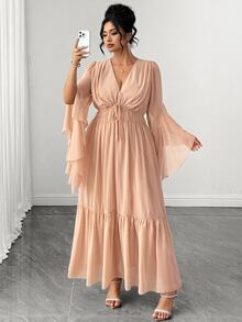 Elenzga Gaun Panjang Ukuran Besar Warna Polos Bahan Chiffon Leher V Dalam Lengan Asimetris Lipit Ikat Pinggang Gaya Wanita Elegan Rok Lebar Hem Bergelombang - Khaki - View 4