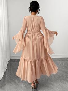 Elenzga Gaun Panjang Ukuran Besar Warna Polos Bahan Chiffon Leher V Dalam Lengan Asimetris Lipit Ikat Pinggang Gaya Wanita Elegan Rok Lebar Hem Bergelombang - Khaki - View 2