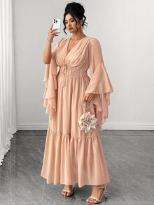 Elenzga Gaun Panjang Ukuran Besar Warna Polos Bahan Chiffon Leher V Dalam Lengan Asimetris Lipit Ikat Pinggang Gaya Wanita Elegan Rok Lebar Hem Bergelombang - Khaki - View 1
