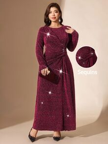 Comfylo 大尺碼女款圓領長袖收腰亮片優雅長洋裝，適合晚宴、雞尾酒會、正式場合，酒紅色，秋季聖誕 - 彩色 - 查看 1