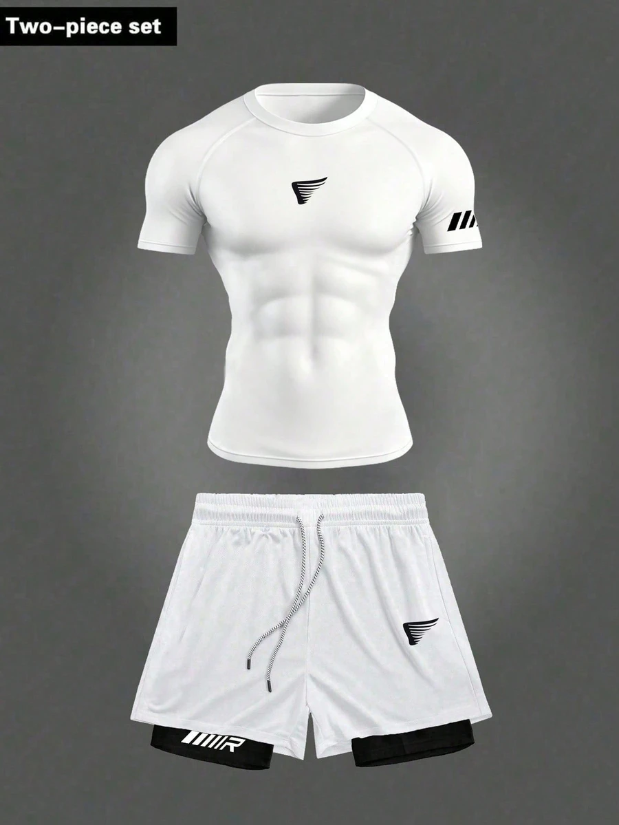 Gym Rark Men's Casual Sports Printed Crew Neck Short Sleeve T-Shirt & Shorts Set,Black And White Summer Athleisure Gym Athletic Running Sportswear Workout Set - White - View 1