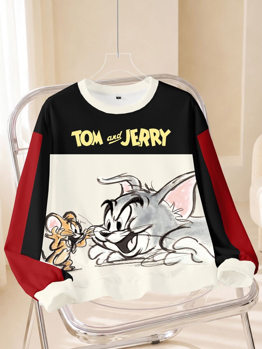TOM & JERRY X SHEIN Women's Fashion Cartoon Print Long Sleeve Sweatshirt - White - View 1