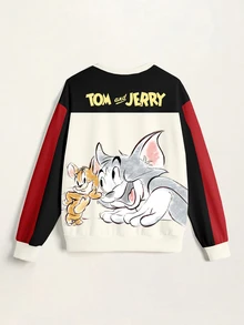 TOM & JERRY X SHEIN Women's Fashion Cartoon Print Long Sleeve Sweatshirt - White - View 7