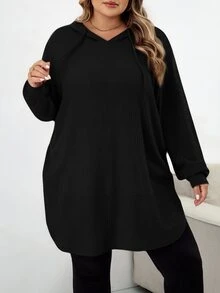 SHEIN CURVE+ Plus Size Solid Color Hooded Drawstring Asymmetrical Hem Sweatshirt Winter Fall Autumn Formal Home Wear Vacation Black Casual Baggy - Black - View 4