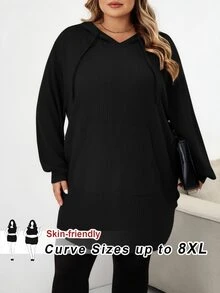 SHEIN CURVE+ Plus Size Solid Color Hooded Drawstring Asymmetrical Hem Sweatshirt Winter Fall Autumn Formal Home Wear Vacation Black Casual Baggy - Black - View 5