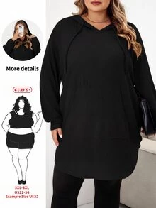 SHEIN CURVE+ Plus Size Solid Color Hooded Drawstring Asymmetrical Hem Sweatshirt Winter Fall Autumn Formal Home Wear Vacation Black Casual Baggy - Black - View 1