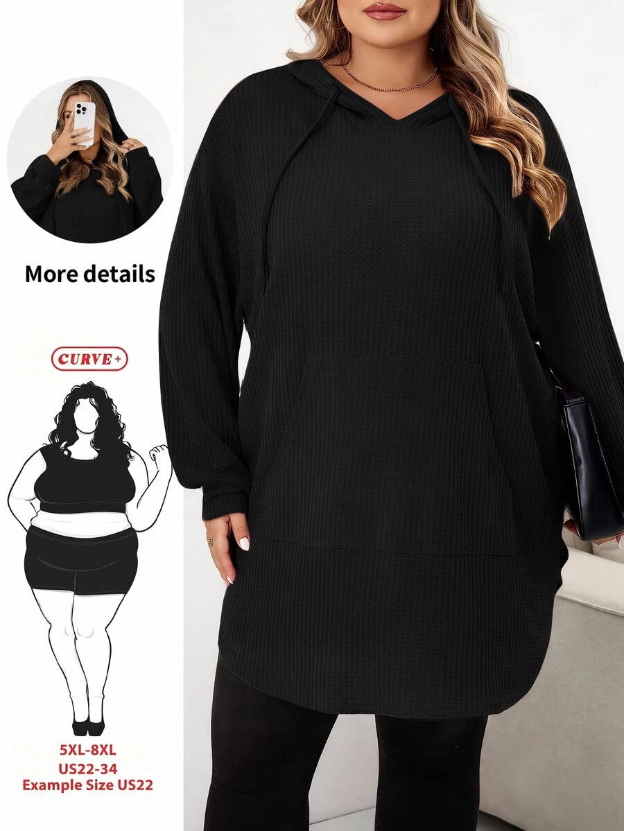 SHEIN CURVE+ Plus Size Solid Color Hooded Drawstring Asymmetrical Hem Sweatshirt Winter Fall Autumn Formal Home Wear Vacation Black Casual Baggy - Black - View 1