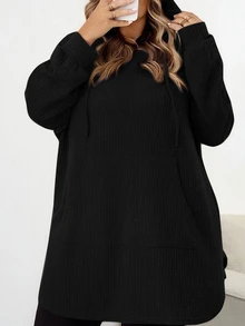 SHEIN CURVE+ Plus Size Solid Color Hooded Drawstring Asymmetrical Hem Sweatshirt Winter Fall Autumn Formal Home Wear Vacation Black Casual Baggy - Black - View 3
