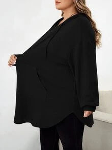SHEIN CURVE+ Plus Size Solid Color Hooded Drawstring Asymmetrical Hem Sweatshirt Winter Fall Autumn Formal Home Wear Vacation Black Casual Baggy - Black - View 2