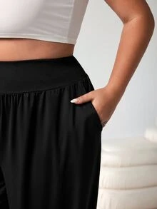 SHEIN CURVE+ 大码纯色踝带裤，带口袋，轻质面料，夏季 - 黑色 - 查看 6