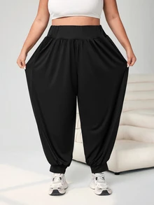 SHEIN CURVE+ 大码纯色踝带裤，带口袋，轻质面料，夏季 - 黑色 - 查看 8