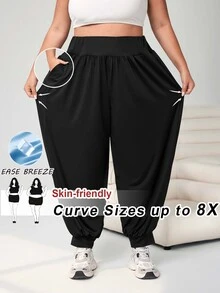 SHEIN CURVE+ 大码纯色踝带裤，带口袋，轻质面料，夏季 - 黑色 - 查看 9