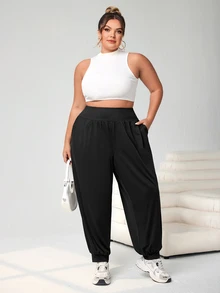 SHEIN CURVE+ 大码纯色踝带裤，带口袋，轻质面料，夏季 - 黑色 - 查看 5