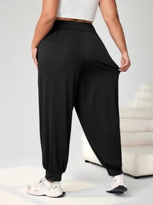 SHEIN CURVE+ 大码纯色踝带裤，带口袋，轻质面料，夏季 - 黑色 - 查看 4