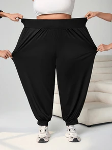 SHEIN CURVE+ 大码纯色踝带裤，带口袋，轻质面料，夏季 - 黑色 - 查看 7