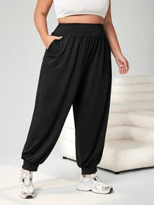 SHEIN CURVE+ 大码纯色踝带裤，带口袋，轻质面料，夏季 - 黑色 - 查看 3