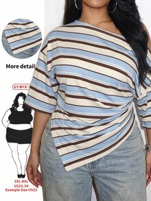 SHEIN CURVE+ 拼色藍色 Y2K 休閒摩登風不對稱露肩大尺碼全印花 T 恤 正式度假夏季款 - 彩色 - 查看 1