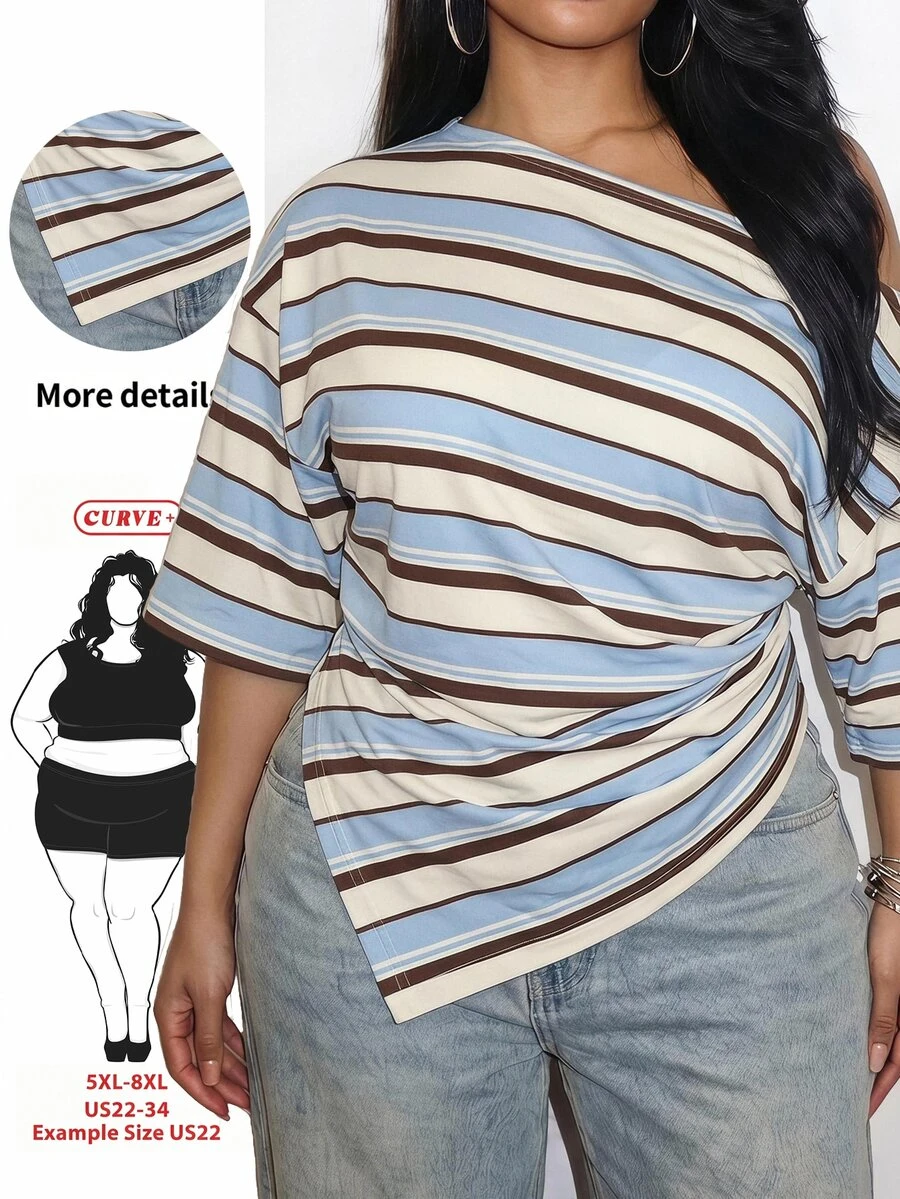 SHEIN CURVE+ 拼色藍色 Y2K 休閒摩登風不對稱露肩大尺碼全印花 T 恤 正式度假夏季款 - 彩色 - 查看 1