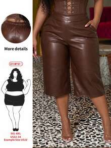 SHEIN CURVE+ Plus Size 22W Women's PU Leather Pocket Casual Versatile Daily Outing Shorts - Brown - View 1