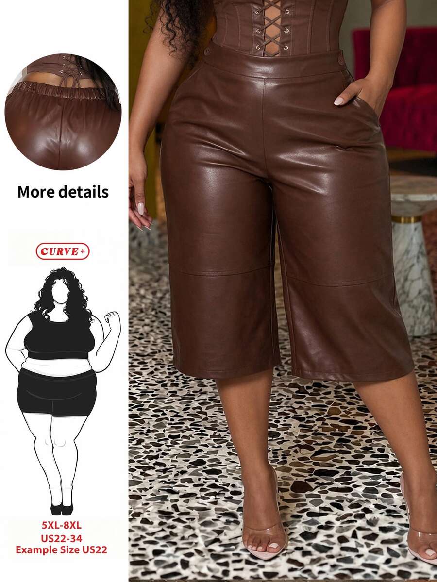 SHEIN CURVE+ Plus Size 22W Women's PU Leather Pocket Casual Versatile Daily Outing Shorts - Brown - View 1