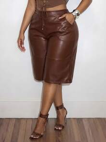 SHEIN CURVE+ Plus Size 22W Women's PU Leather Pocket Casual Versatile Daily Outing Shorts - Brown - View 5