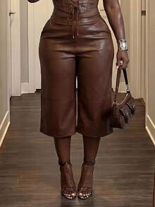SHEIN CURVE+ Plus Size 22W Women's PU Leather Pocket Casual Versatile Daily Outing Shorts - Brown - View 3