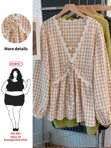 SHEIN CURVE+ Plus Size Elegant Plaid Casual Shirt With Lace Trim Fall - Multicolor - View 1