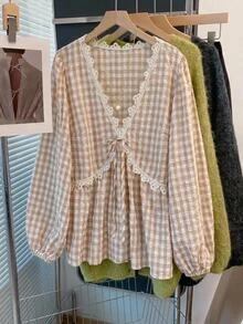 SHEIN CURVE+ Plus Size Elegant Plaid Casual Shirt With Lace Trim Fall - Multicolor - View 7
