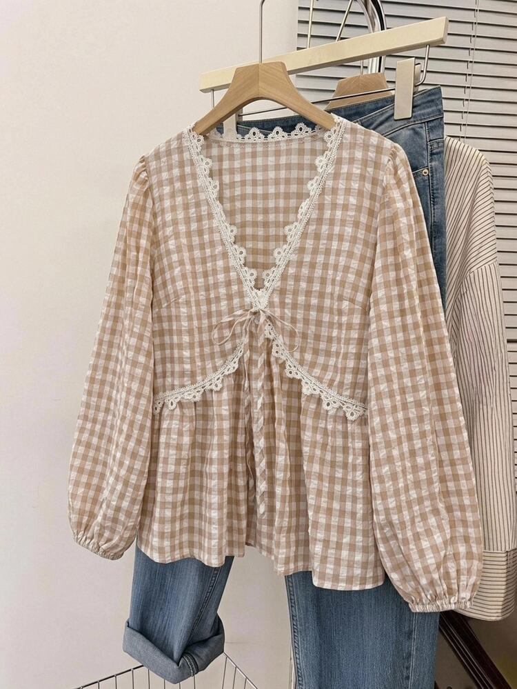 SHEIN CURVE+ Plus Size Elegant Plaid Casual Shirt With Lace Trim Fall - Multicolor - View 3