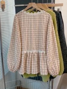 SHEIN CURVE+ Plus Size Elegant Plaid Casual Shirt With Lace Trim Fall - Multicolor - View 2