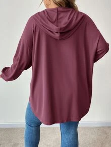 SHEIN CURVE+ 大码纯色连帽抽绳不对称下摆运动衫 - 紫色 - 查看 2