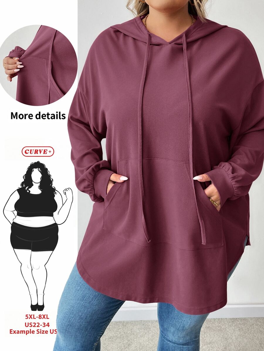 SHEIN CURVE+ 大码纯色连帽抽绳不对称下摆运动衫 - 紫色 - 查看 1