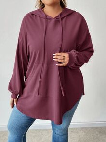 SHEIN CURVE+ 大码纯色连帽抽绳不对称下摆运动衫 - 紫色 - 查看 3