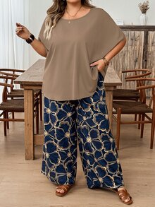SHEIN CURVE+ 两件套加大码女士度假宽松衬衫和碎花裤套装 - 彩色 - 查看 5