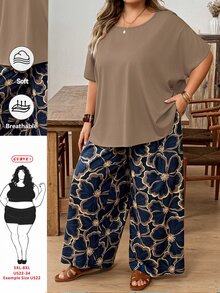 SHEIN CURVE+ 两件套加大码女士度假宽松衬衫和碎花裤套装 - 彩色 - 查看 8